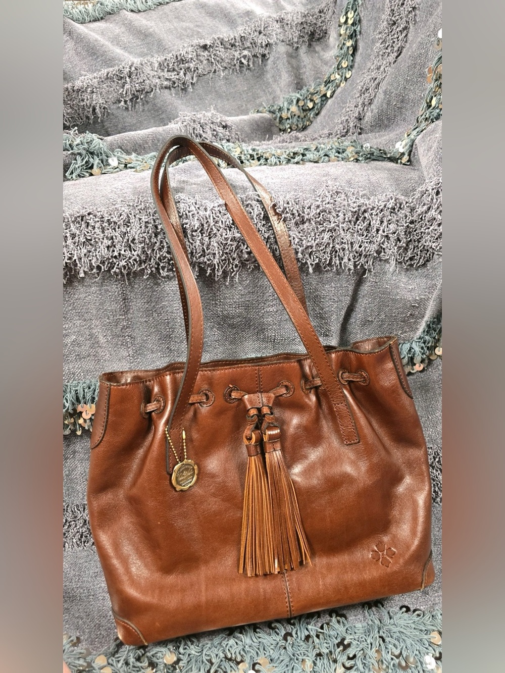 Patricia Nash Cognac Brown Leather Tassel Satchel ANNIVERSARY